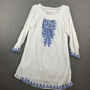 Cute‎ Options Dress Womens Large White Blue Embroidered Boho Tunic Top Rayon